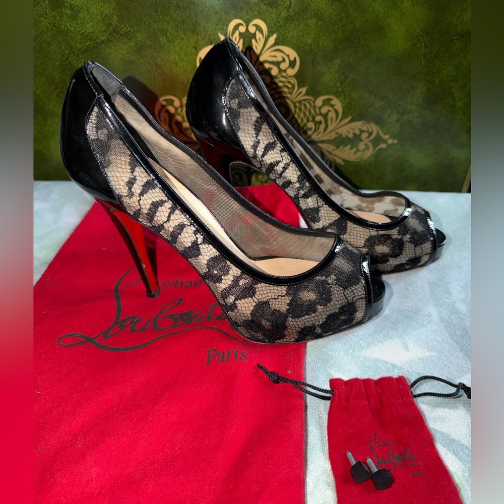 Christian Louboutin Black Patent Leather and Lace Peep Toe Heels